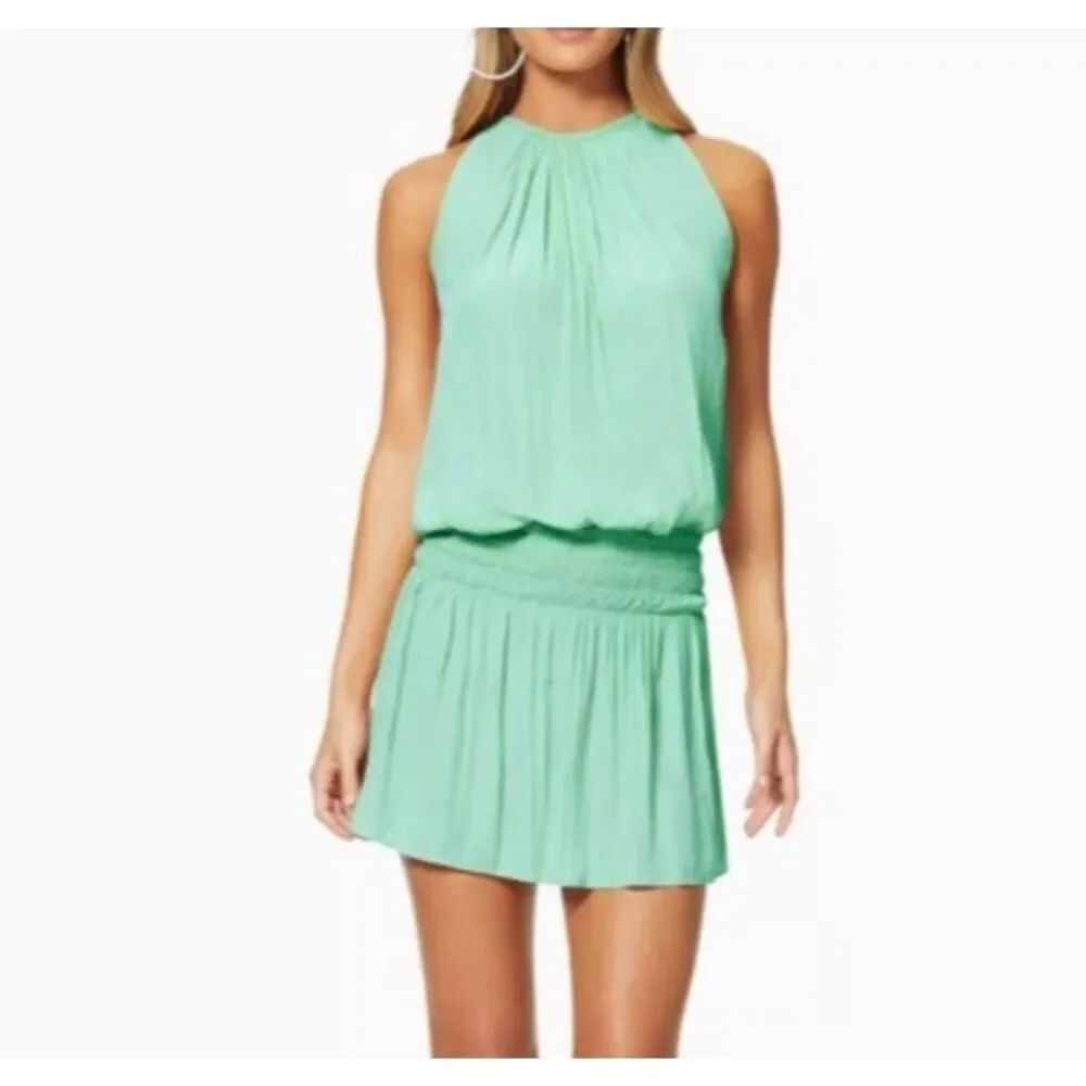 NWT Remy Brook NY green halter, pleated smocked waist dress XS